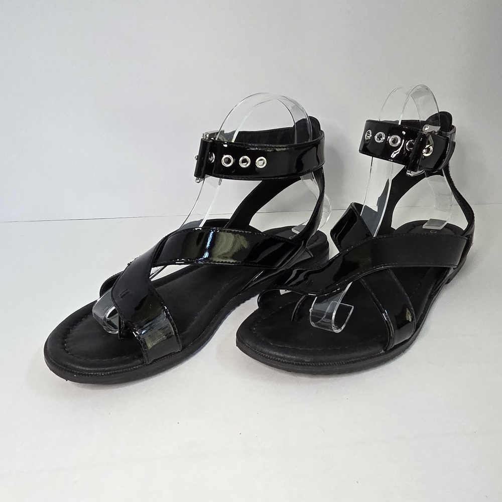 Donald J. Pliner Black Patent Leather Sandals Adj Ankle Strap Rivet detail S 7.5